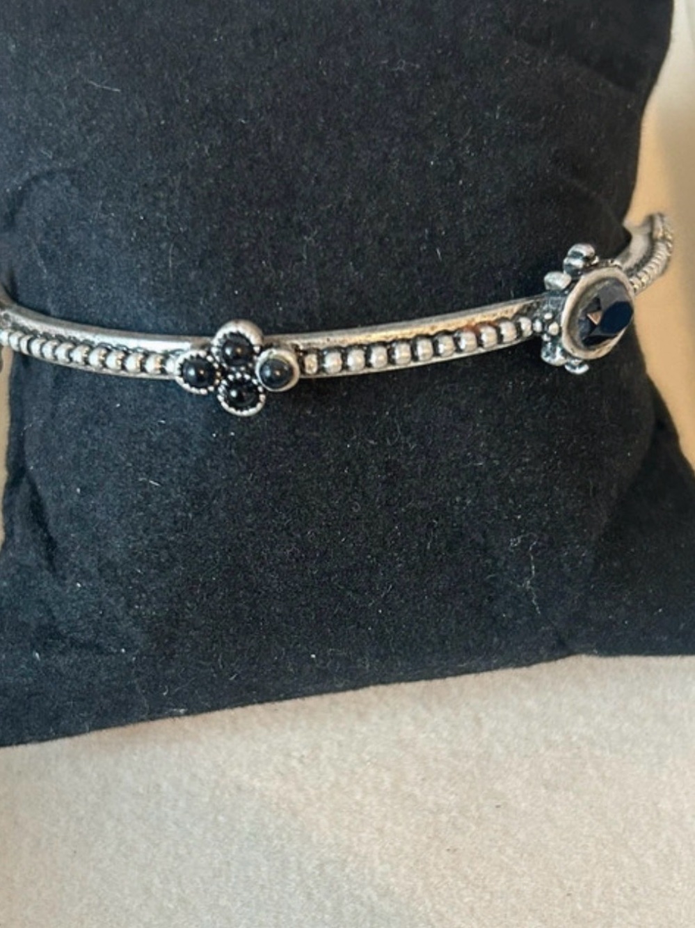 Sterling-Style art deco Black Stone Floral Accent Bracelet -